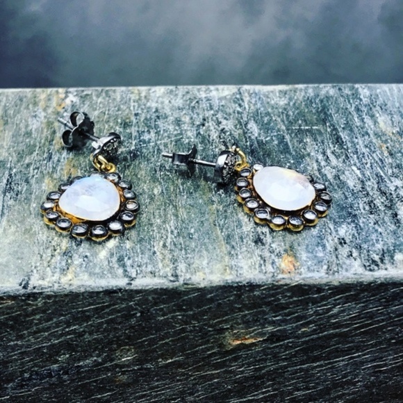 Diamonds moonstones and topaz earrings - Picture 3 of 6